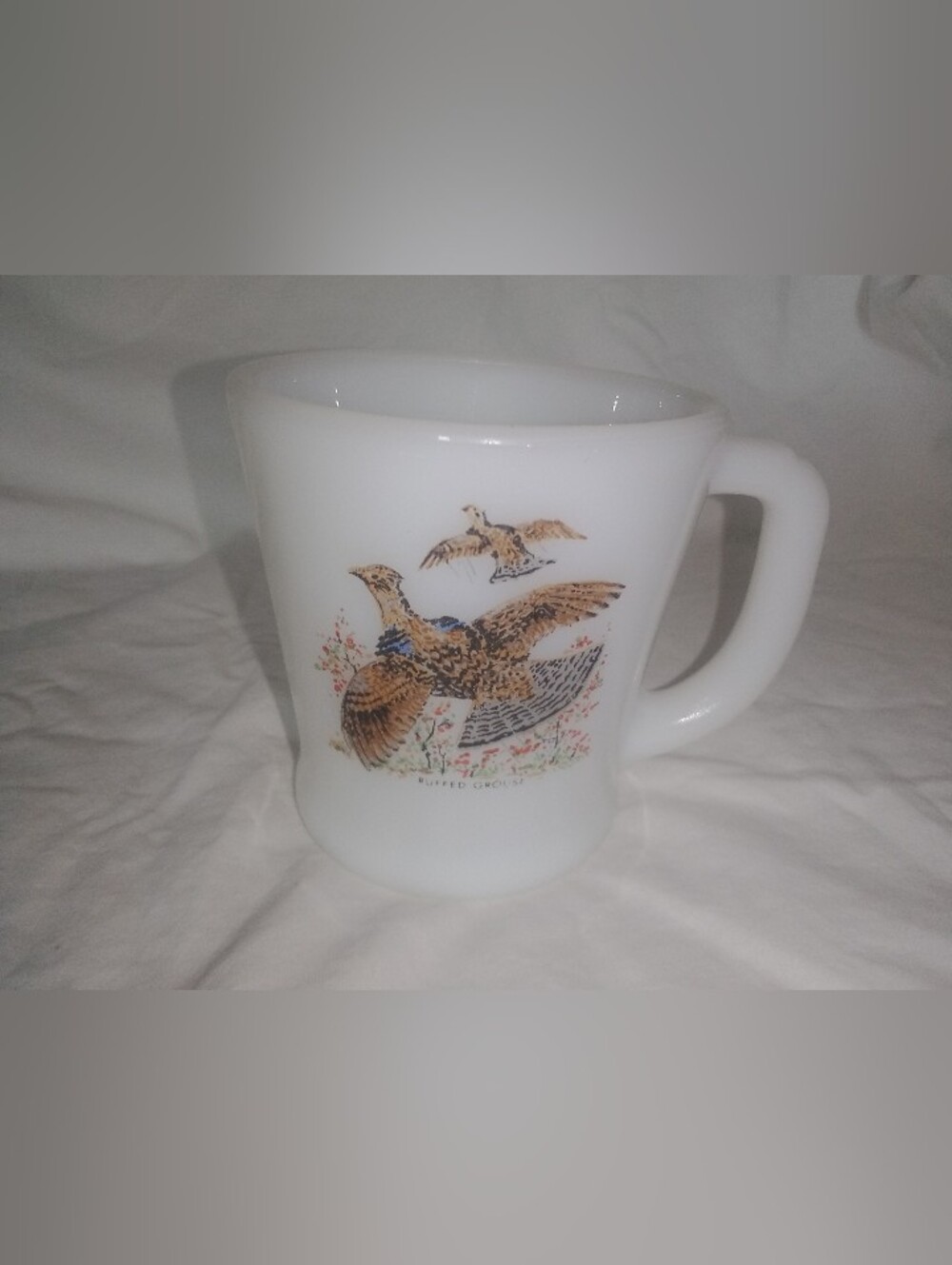 Vintage Fire King Ruffed Grouse Coffee Mug Cup Milk Glass 3 3/8" Tall Retro Bird